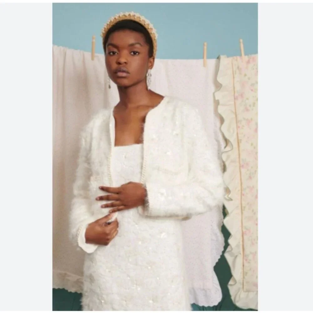 Dream Sister Jane Agatha Jacket Womens XS Ivory Embellished Sequin Pearl Trim - Picture 1 of 7